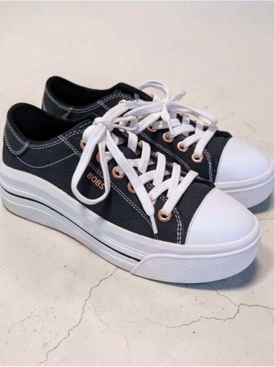 BOBS from Skechers Shoes - BOBS from Skechers Black White Canvas Sneakers Rose Gold Eyelets